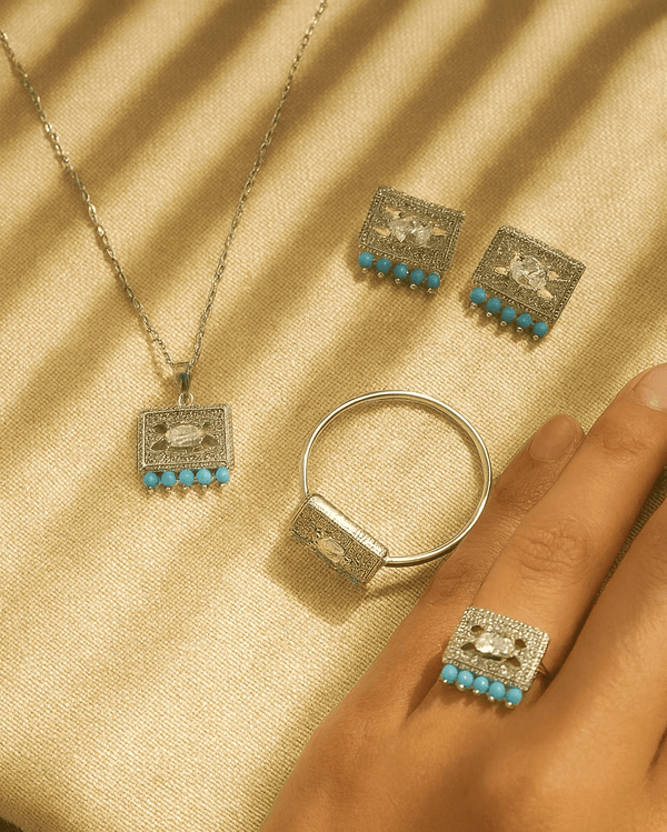 Silver Rectangle Crystal & Pearl Jewelry Set